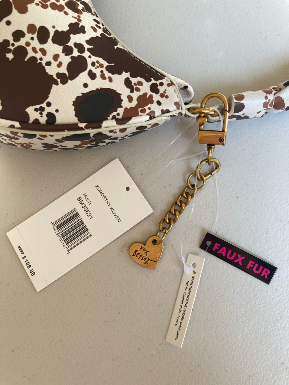 Betsey Johnson Crescent Shoulder Purse Brown White Cow Print Hearts Western - Picture 10 of 17